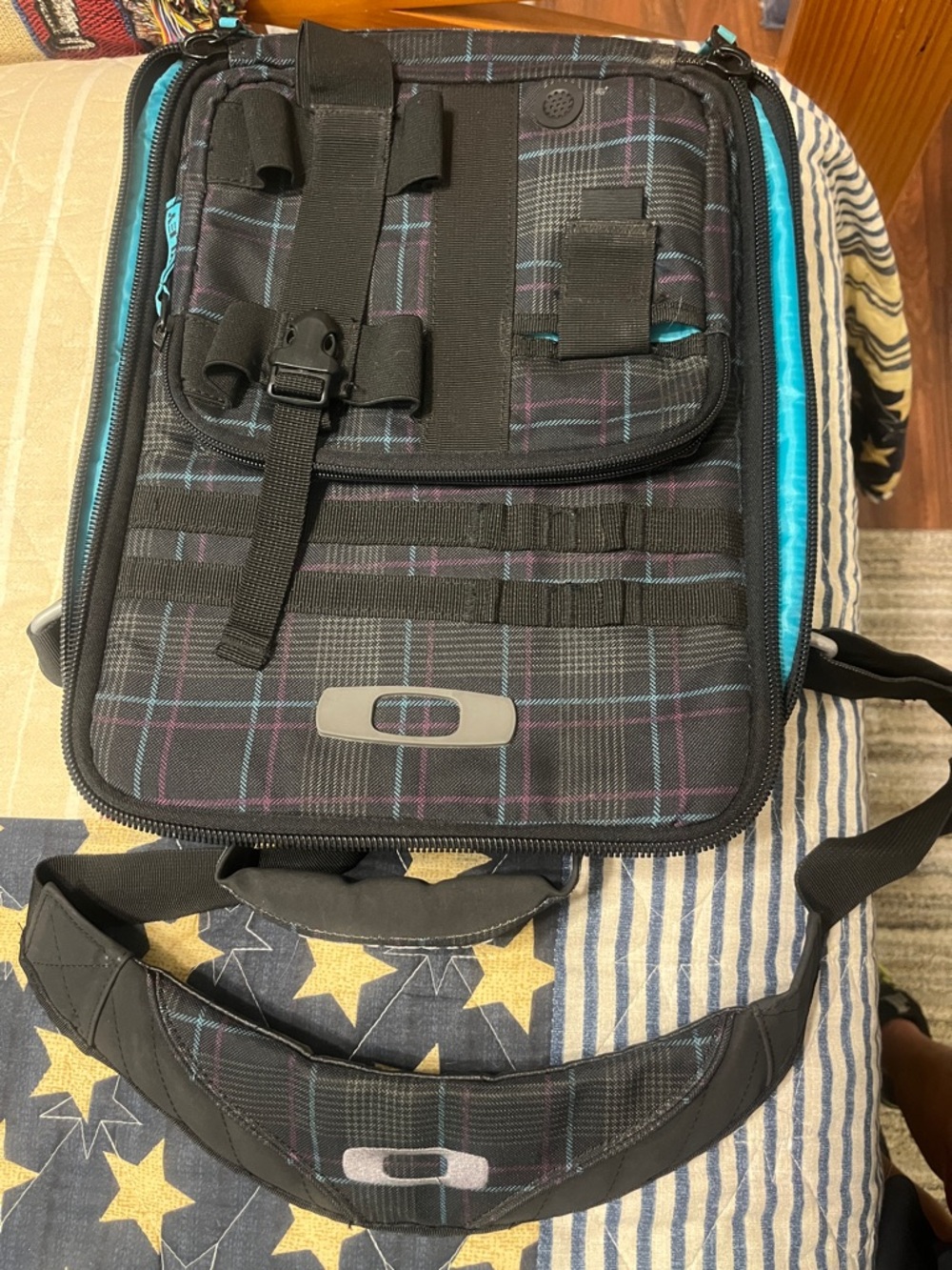 Oakley Black Plaid Messenger Bag with Blue and Purple Accents
